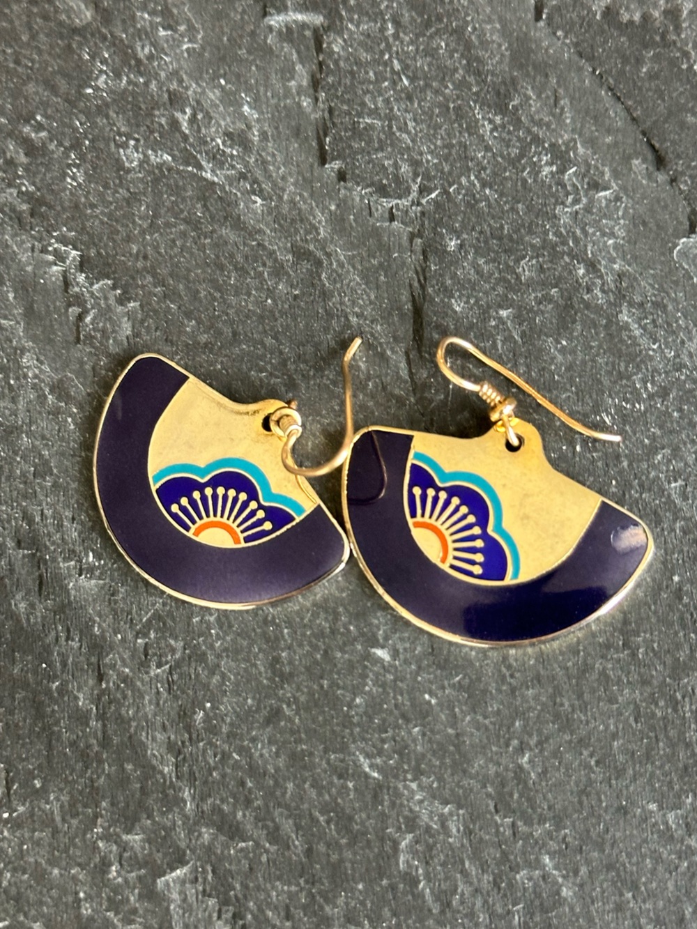 Vintage Laurel Burch Signed Cloisonné Enamel Fan Drop Earrings - blue and silver
